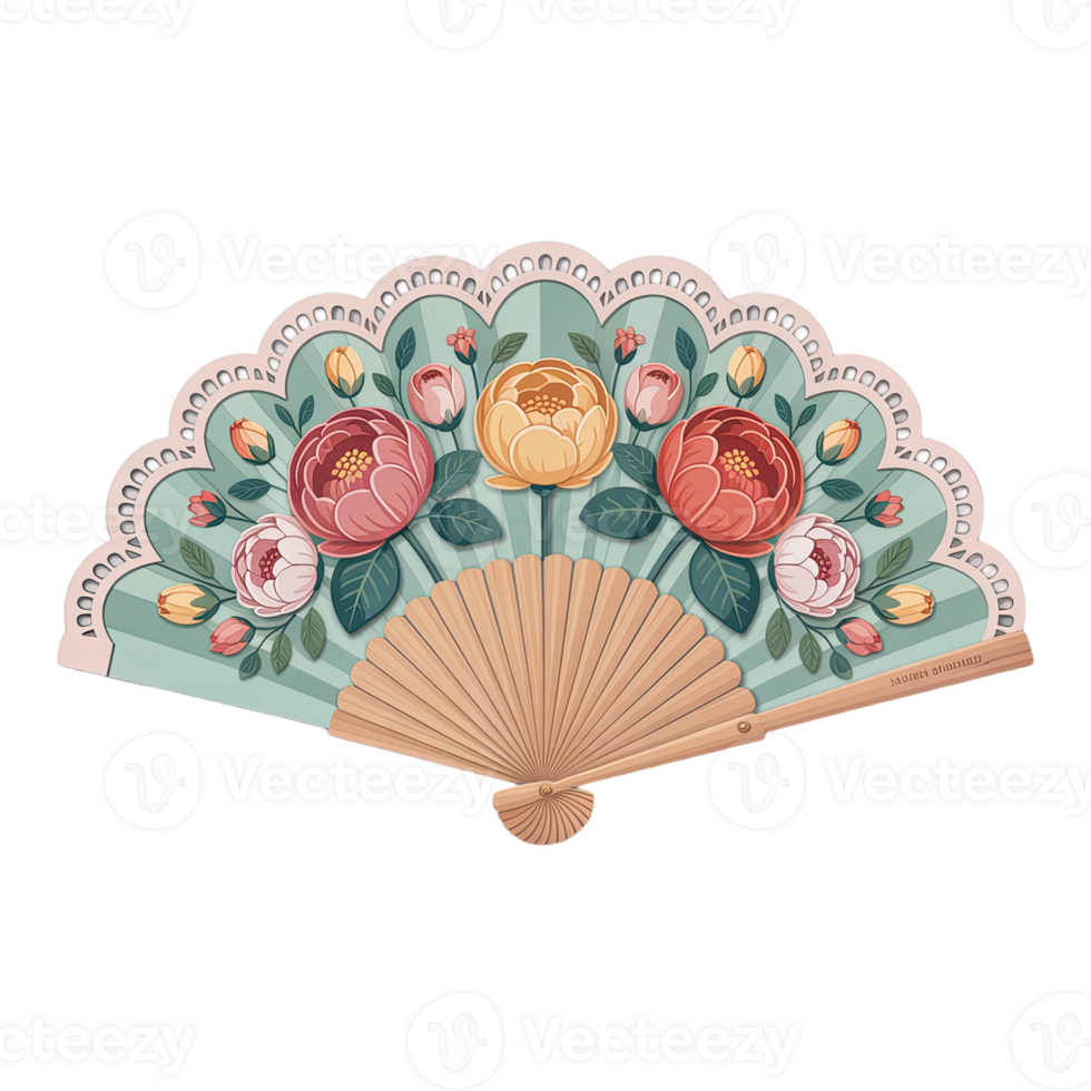 Ornate hand fan with floral design and light blue background for decorative and elegant use case png