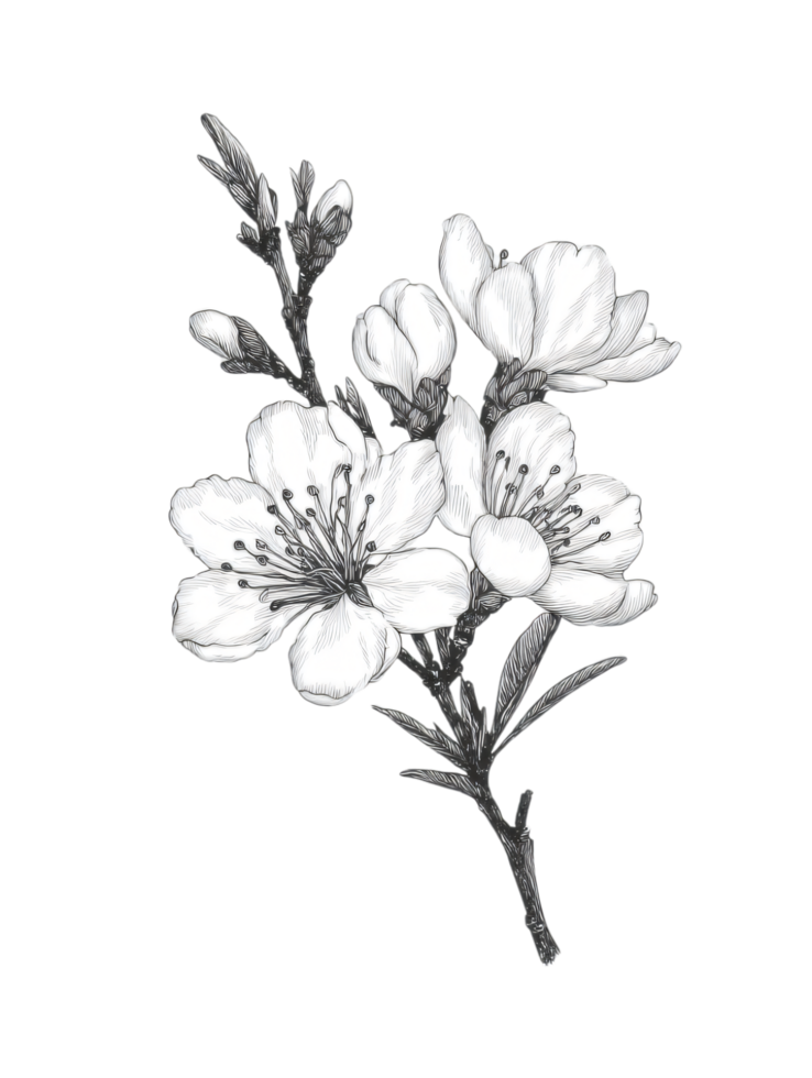 Elegant Black and White Floral Illustration of Cherry Blossom Branch png