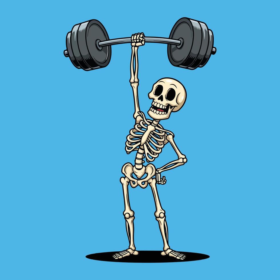 Cartoon skeleton weightlifter powerlifting overhead press isolated on blue background graphic vector