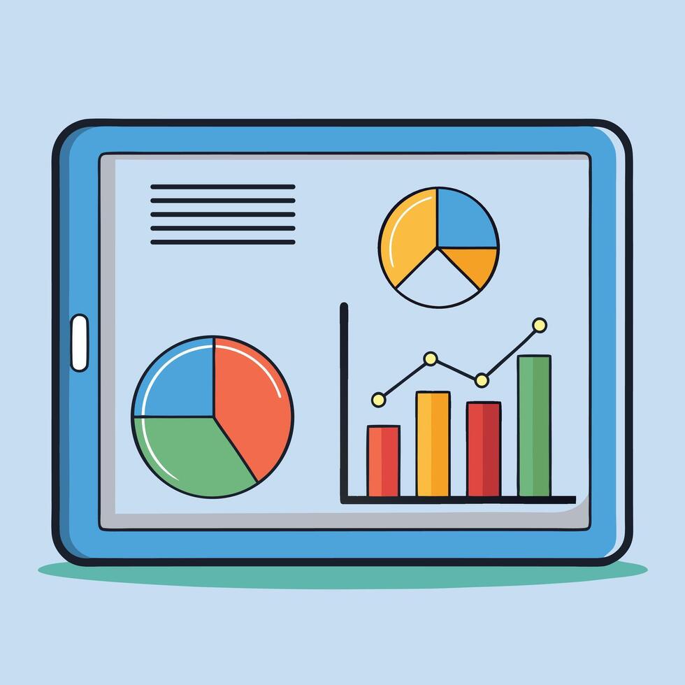 Tablet displaying business data analysis and statistical information with colorful charts vector