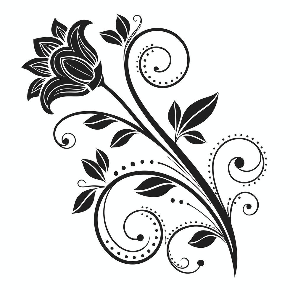 Elegant black flower illustration with swirls and leaves for decorative design vector