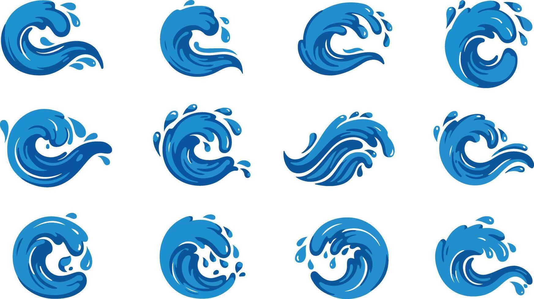 Set of stylized blue waves with droplets for creative aquatic designs and natural sea themes collection vector