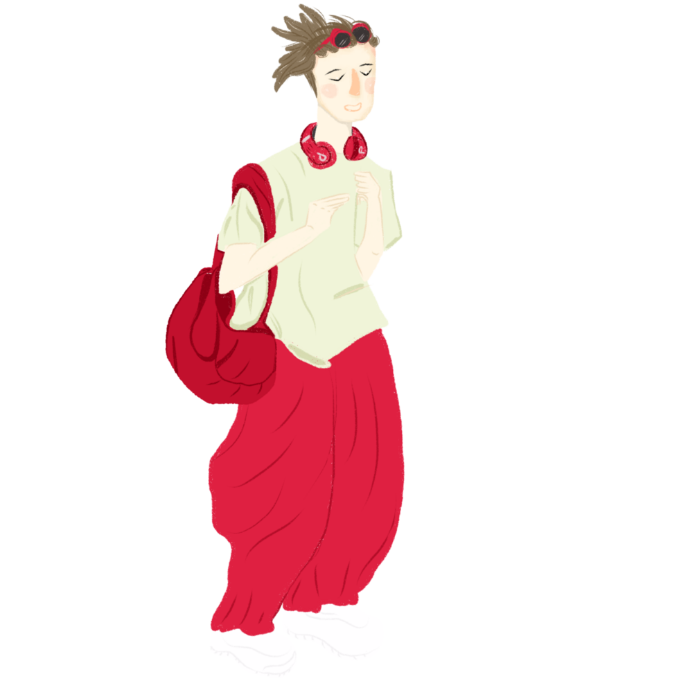 A cartoon girl with red pants and a backpack png