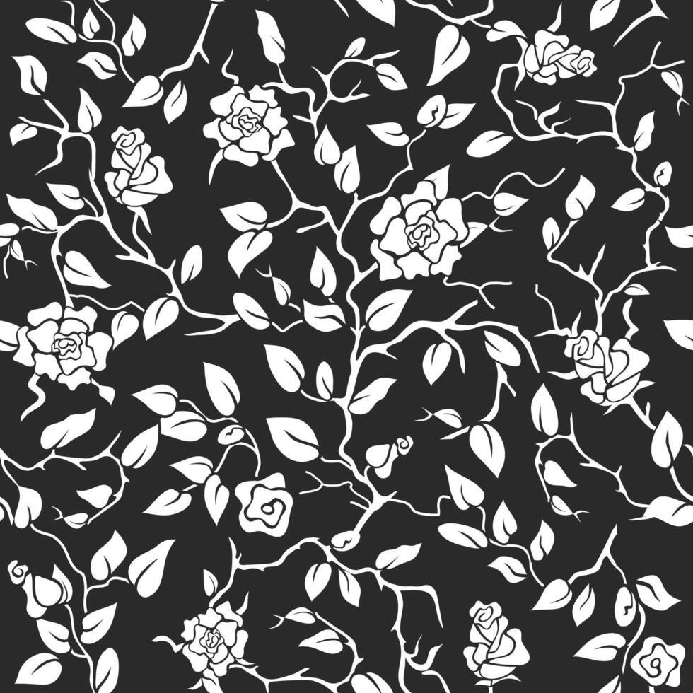 Beautiful black seamless background with intertwining branches, leaves and roses vector