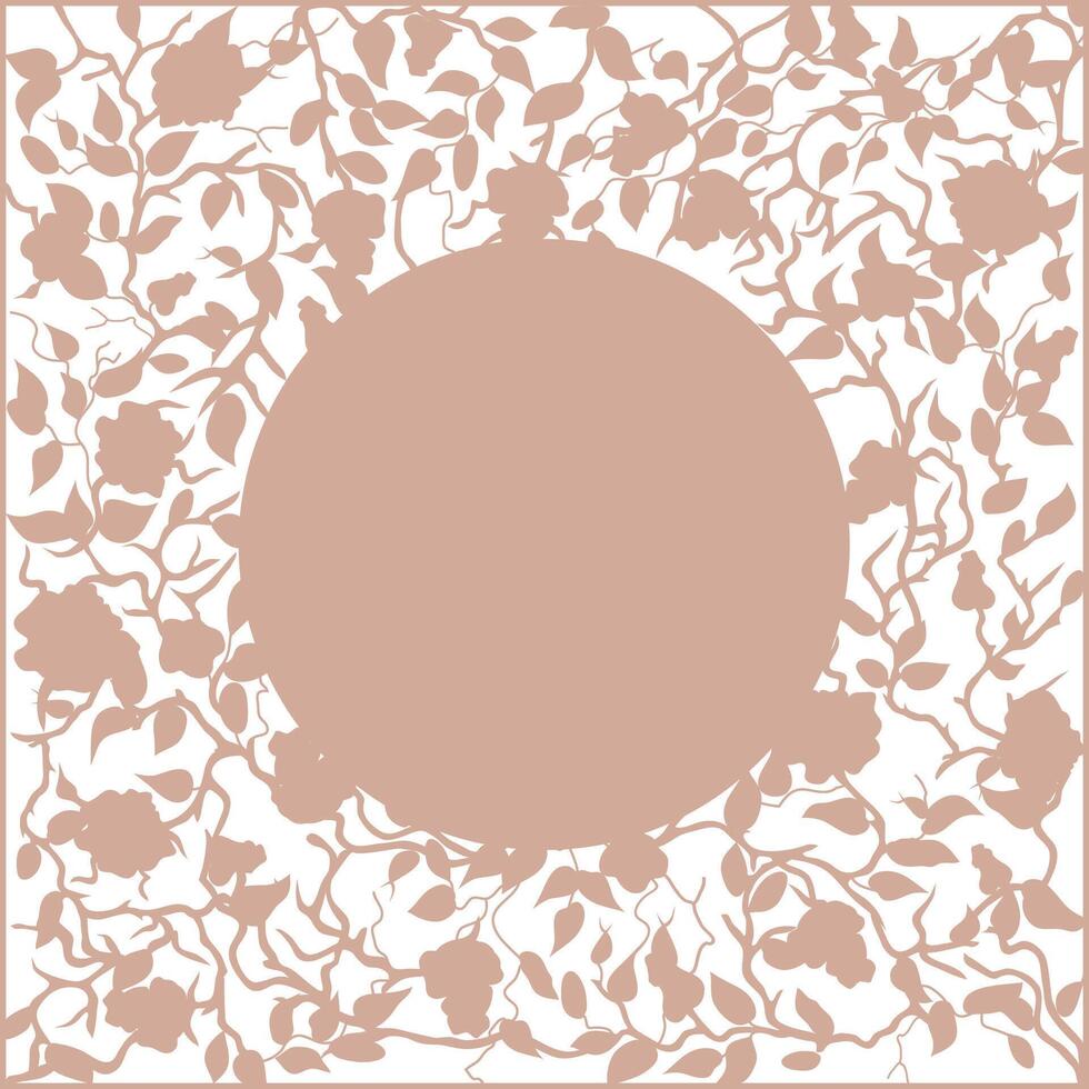 Pink circle frame with branches with pink roses and leaves on a white background vector