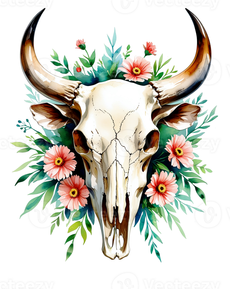 A bull skull with flowers on it png