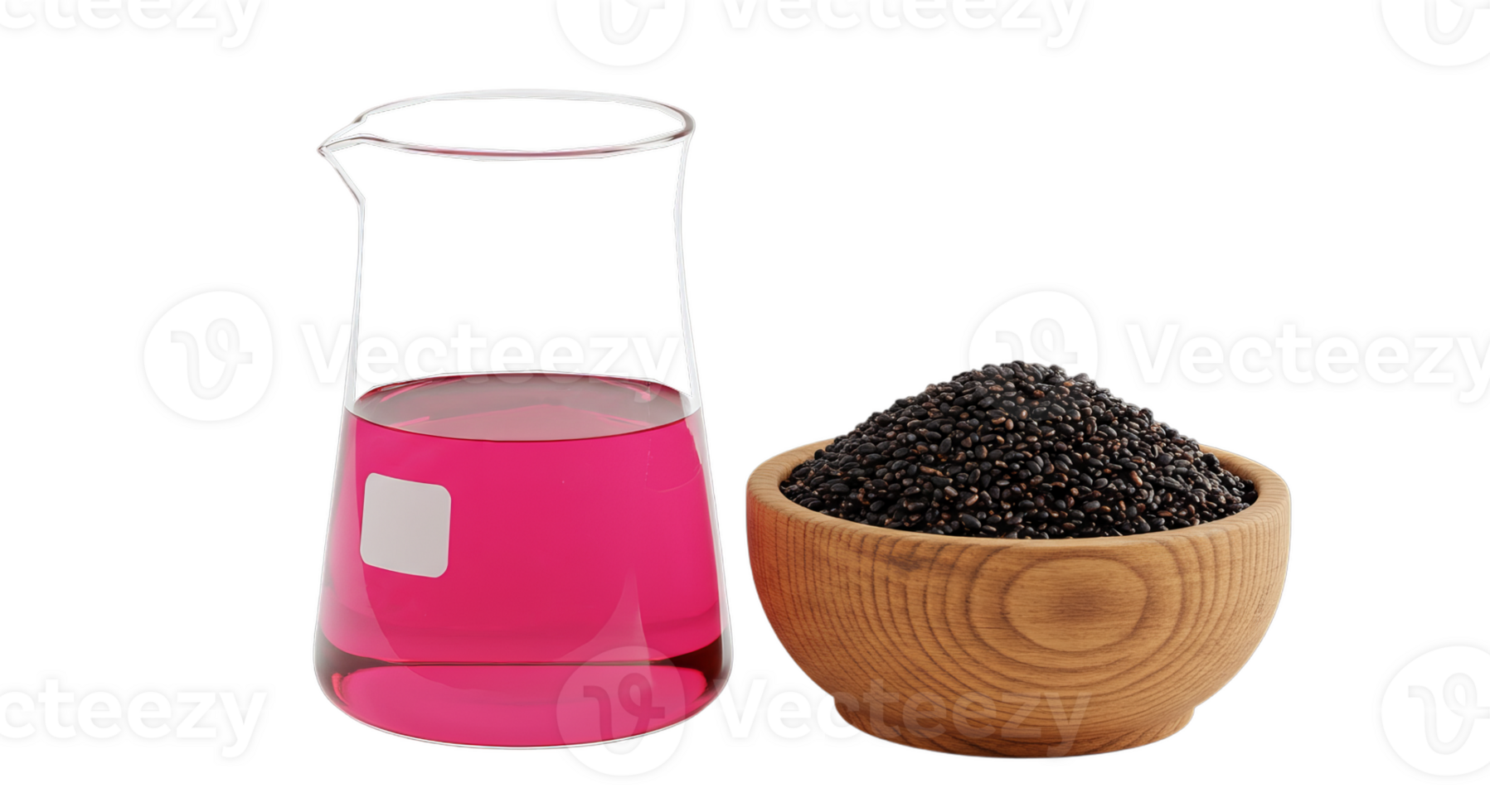 Analyzing Dark Seeds and Pink Liquid in Beaker on Transparent Background png