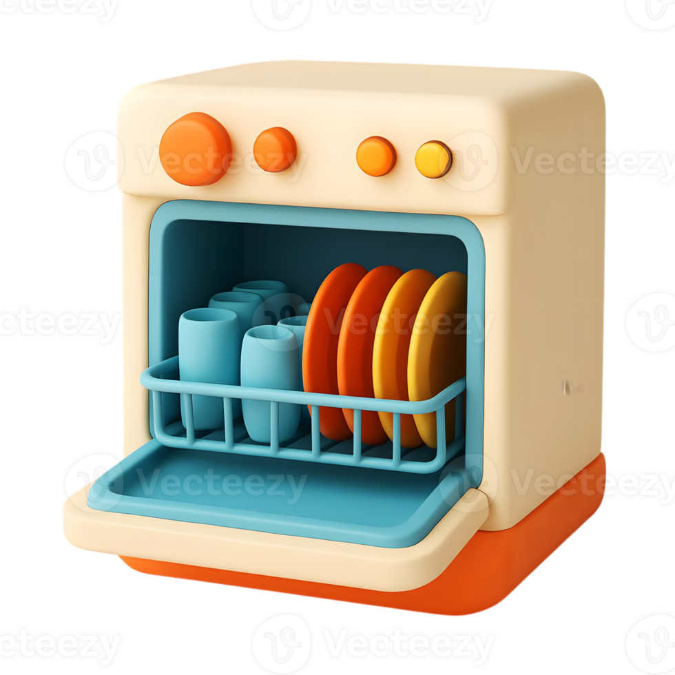 Adorable 3d illustration of a dishwasher with colorful plates and cups inside of it png
