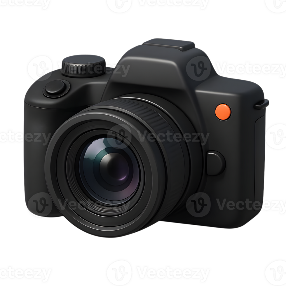 Modern black camera 3d rendered with detailed lens and buttons png