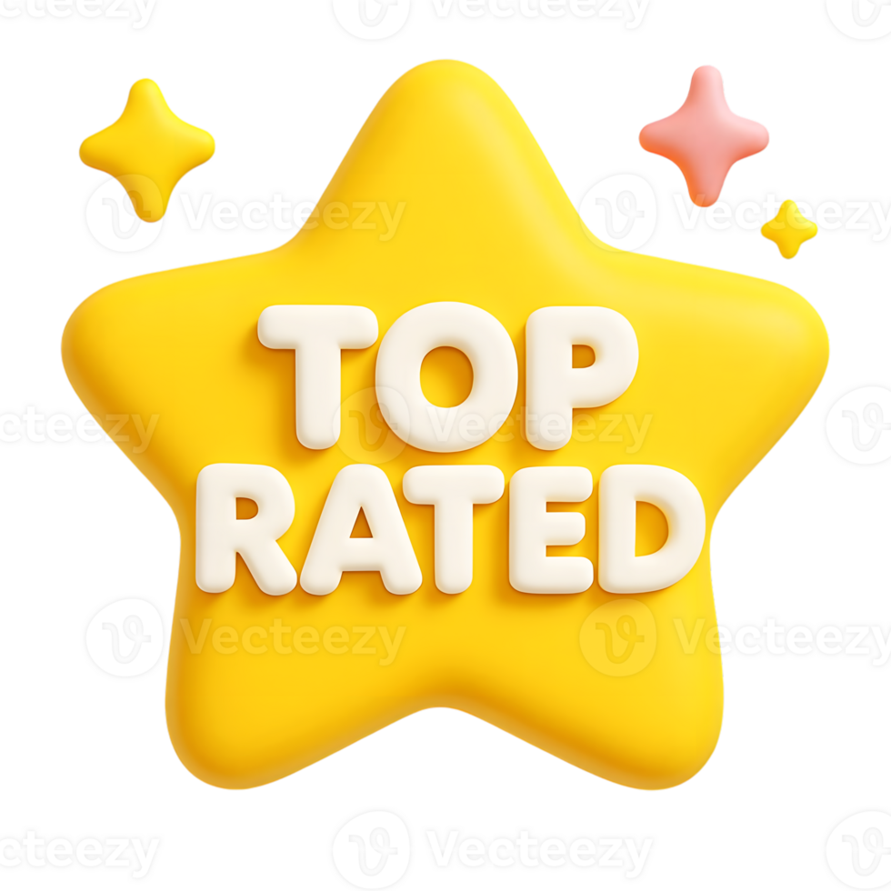 3d rendered yellow star with top rated text and decorative shimmering stars png