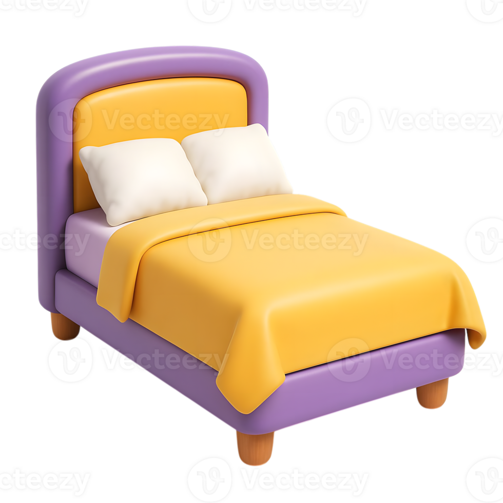 3d render of a comfortable bed with pillows and yellow bedding png