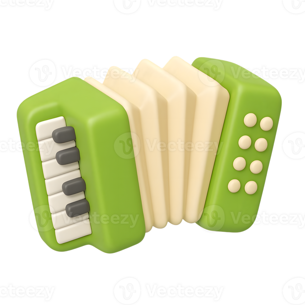 Cartoon illustration of a bright green and cream accordion instrument png
