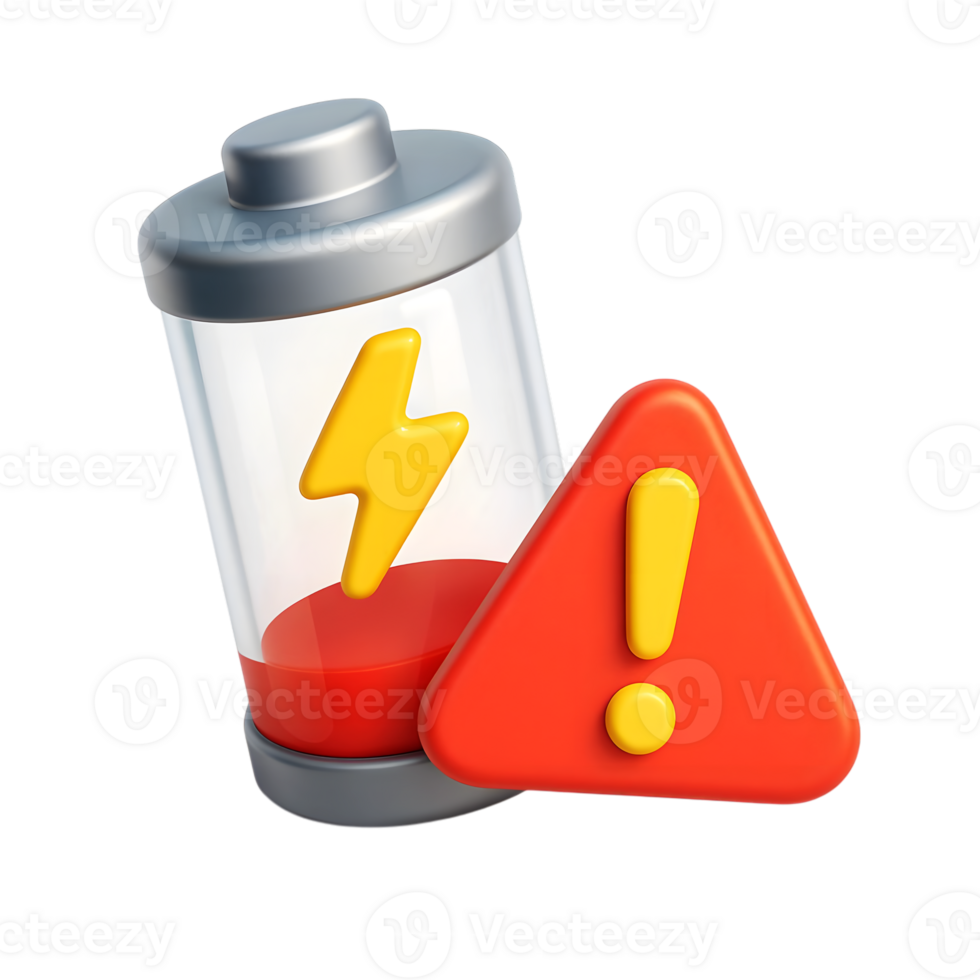 Low battery warning alert symbol with exclamation mark and charging icon for designs png