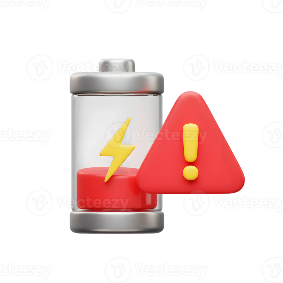 Low battery alert concept depicted with a 3d cartoon battery and exclamation sign png