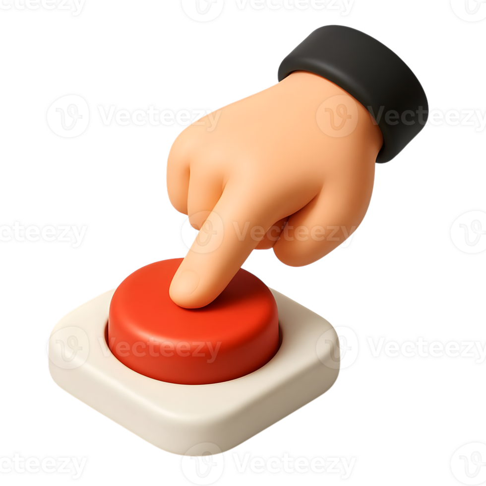 Cartoon hand pressing red button illustration on white square base png