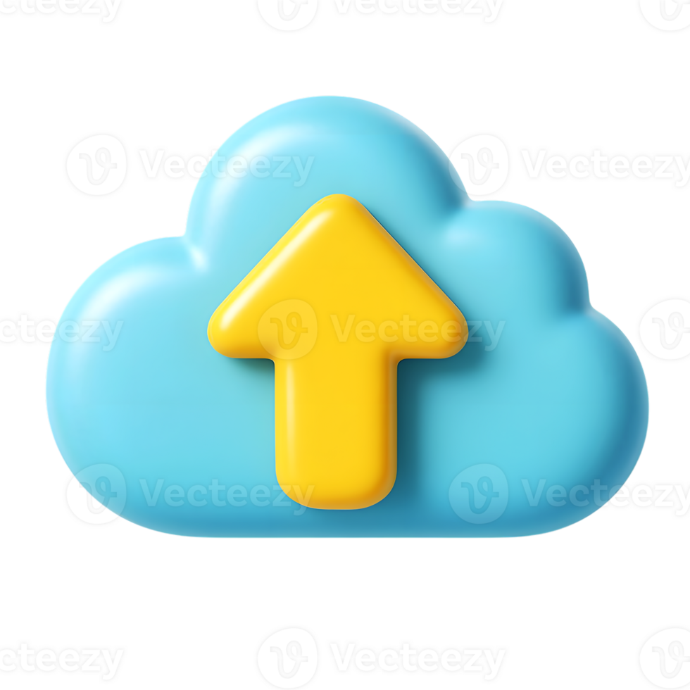 3d rendered cloud upload icon in blue with a yellow upward arrow png