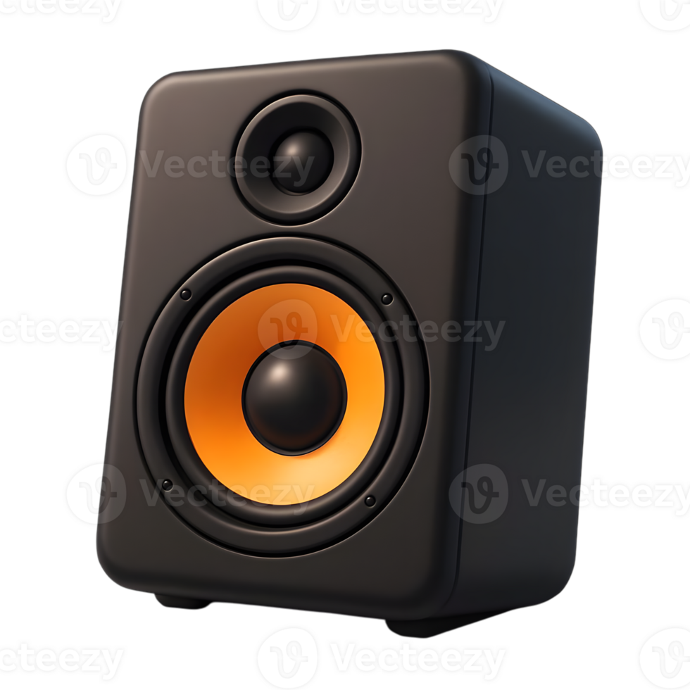 Modern studio monitor speaker with orange woofer and black cabinet png