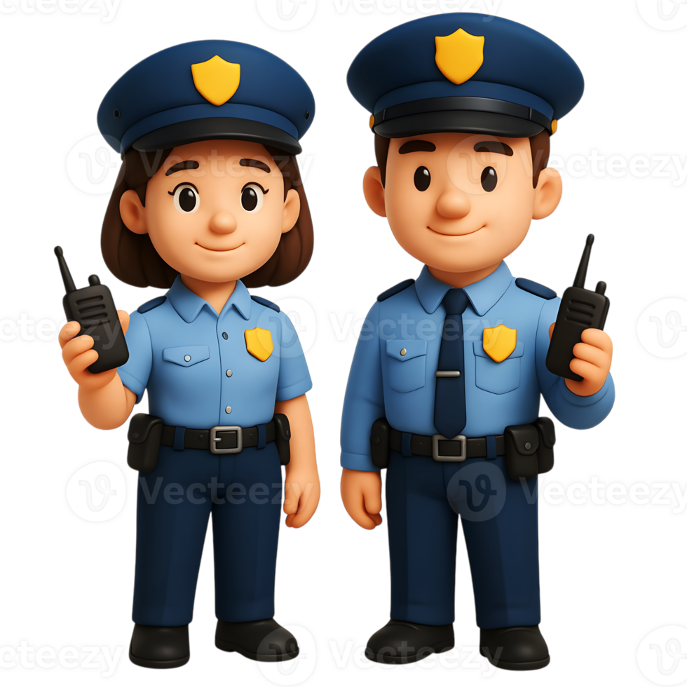 Cartoon illustration of a smiling police officer couple with uniforms and communication devices png