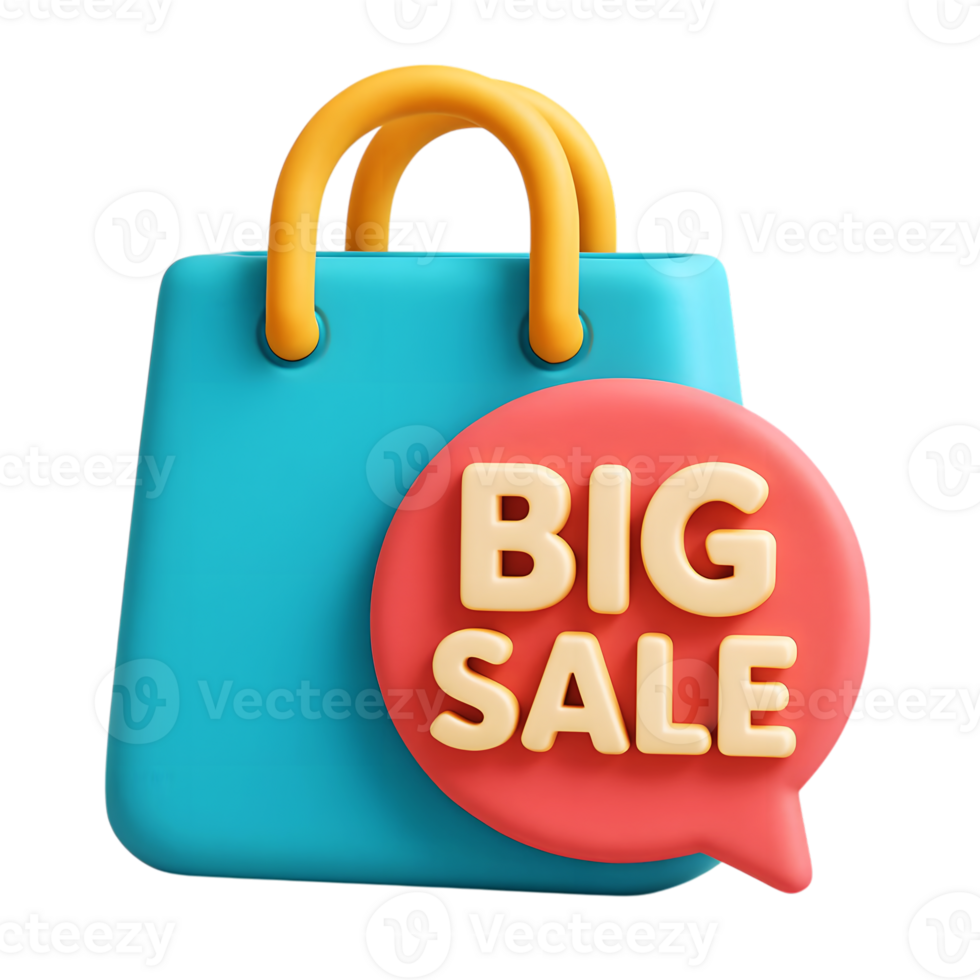 3d rendered shopping bag with big sale text promoting discounts and special offers png