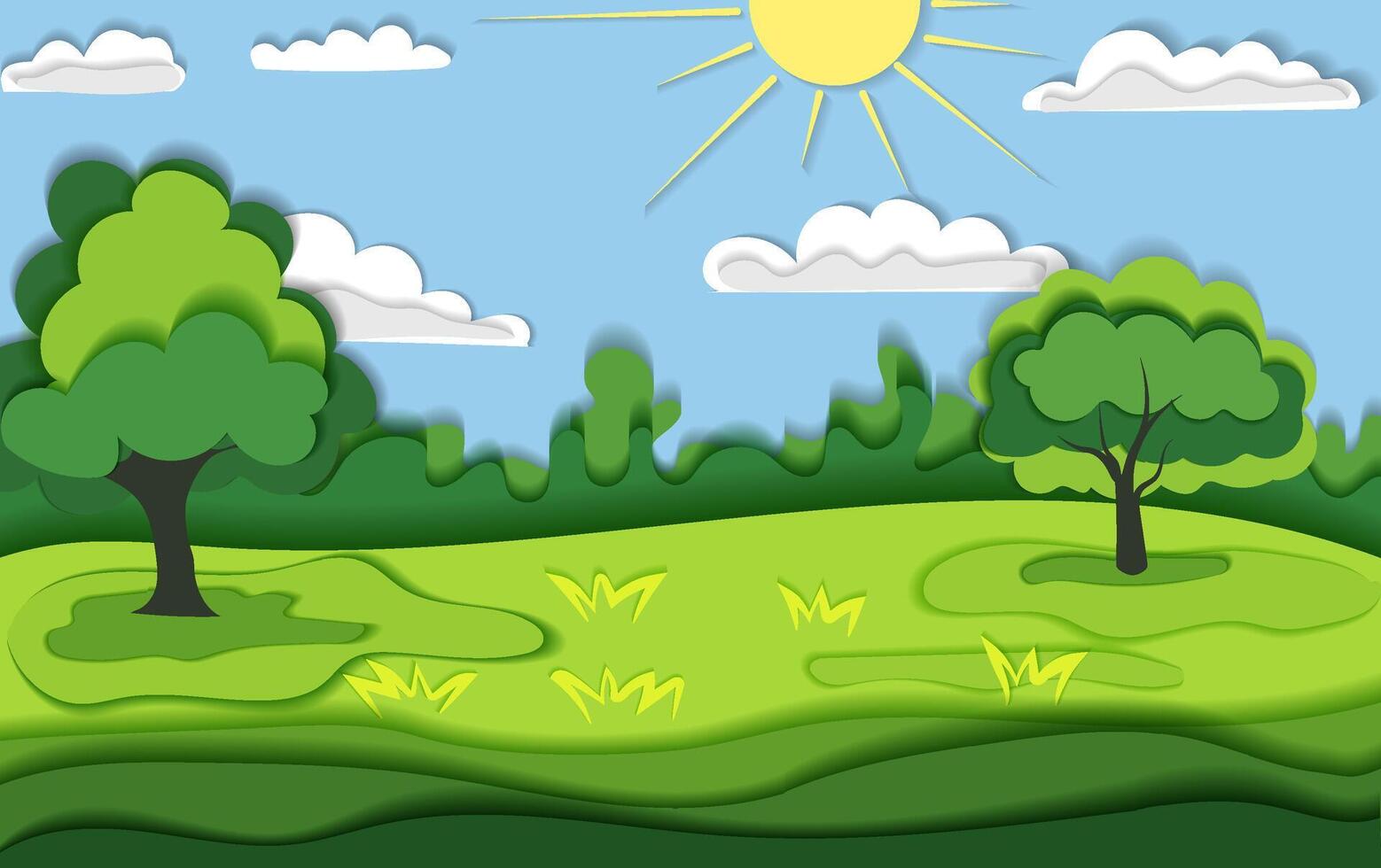 A cartoon landscape with trees and sun vector
