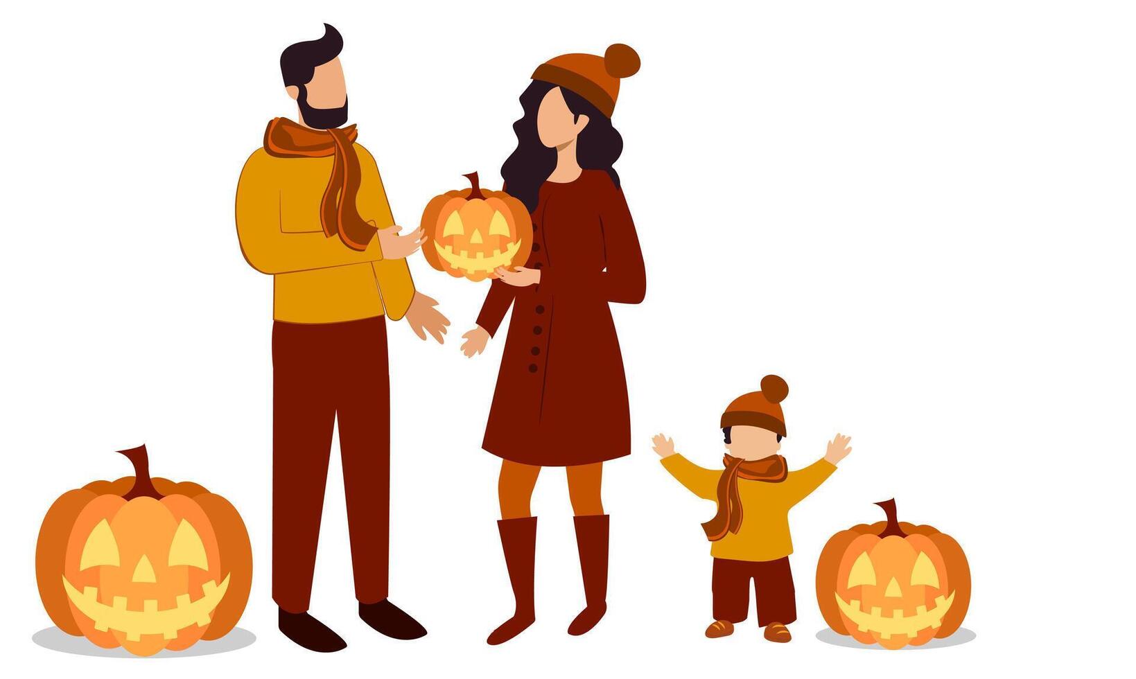 A family of three shares joyful moments during autumn, dressed in cozy scarves and hats, while carving pumpkins for Halloween. The child joyfully engages, surrounded by festive decor vector