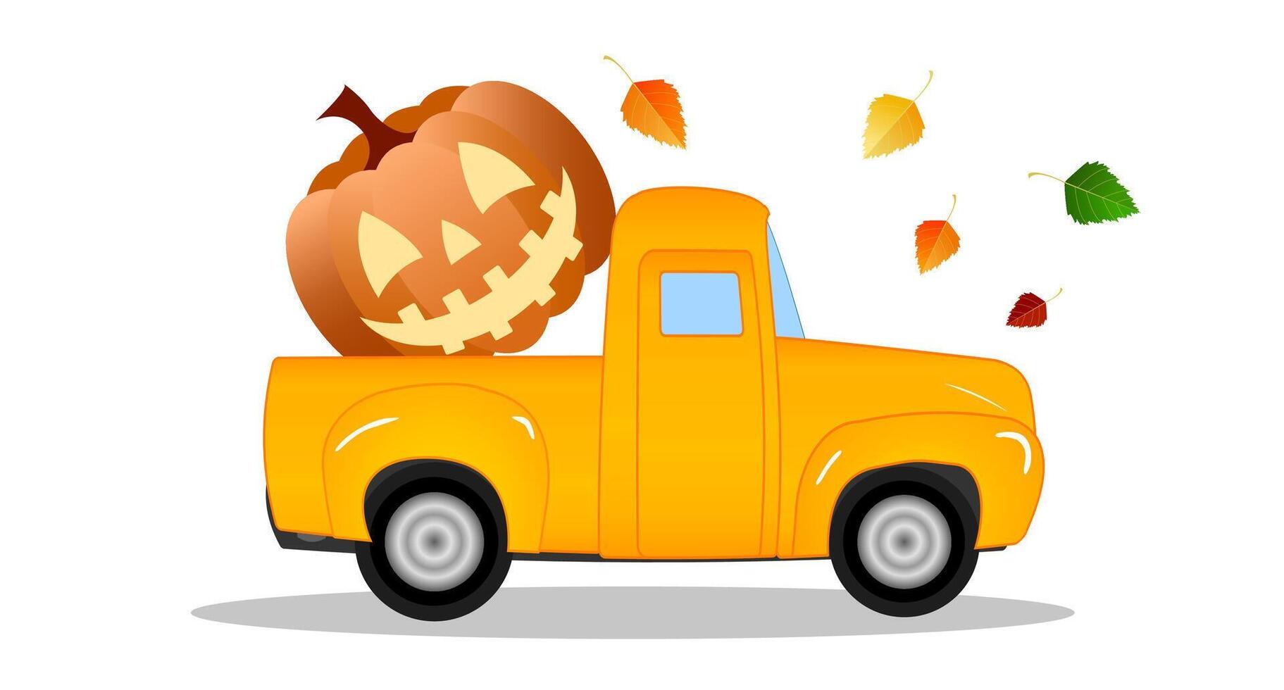 A bright orange truck drives through an autumn landscape, featuring a large carved pumpkin in its bed. Halloween. Colorful leaves fall gently, creating a festive seasonal atmosphere vector