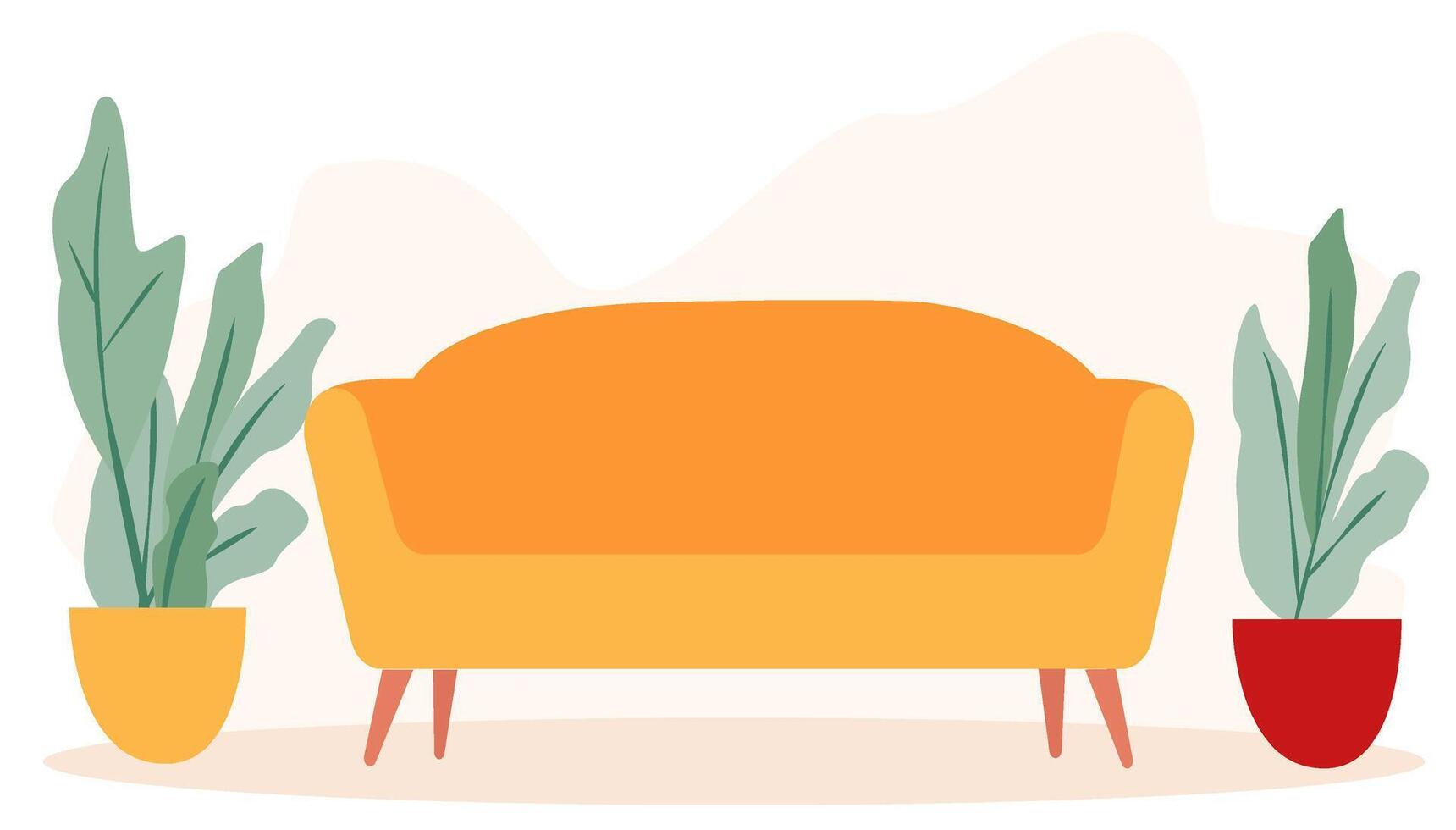 A stylish living space featuring a bright orange sofa positioned between two decorative potted plants. The modern design emphasizes comfort and freshness, ideal for relaxation vector