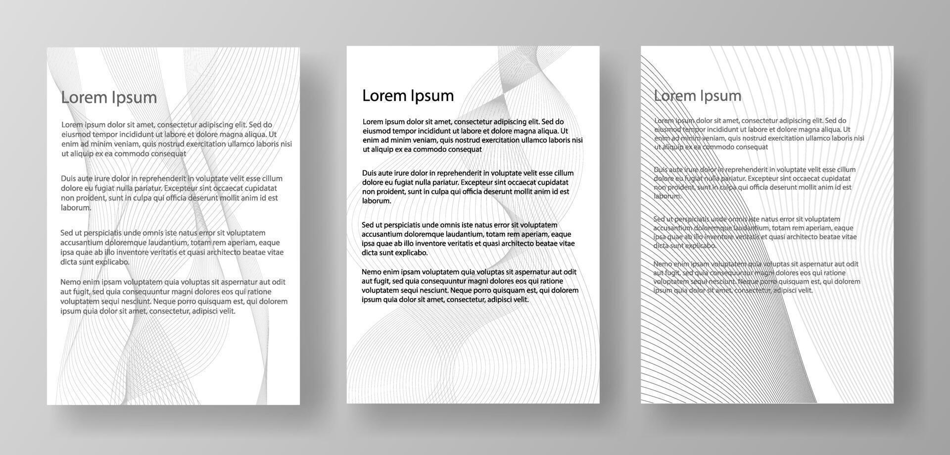 Three A4 letter mockup templates featuring lorem ipsum text. The documents are displayed on a light gray background. Concept of document layout design. illustration vector