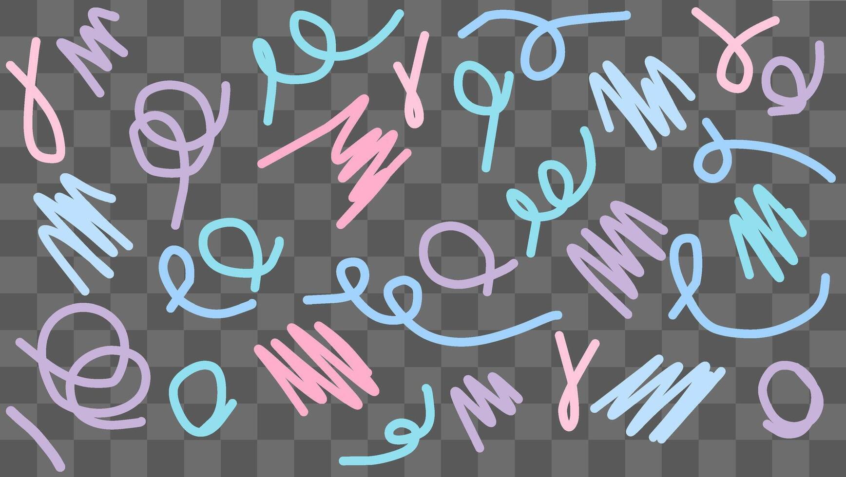 Various colorful hand-drawn doodles and sketches are scattered across a transparent background. The artwork features abstract lines and shapes in soft pastel hues vector