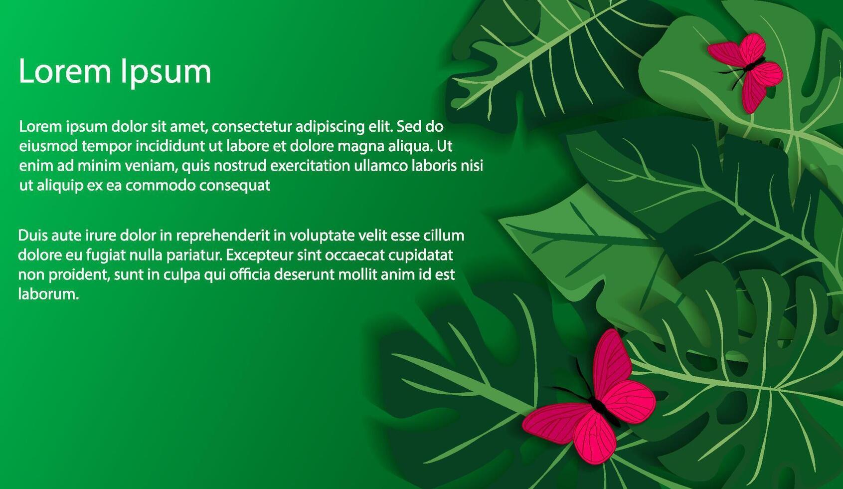 Tropical leaves and butterflies on green background vector