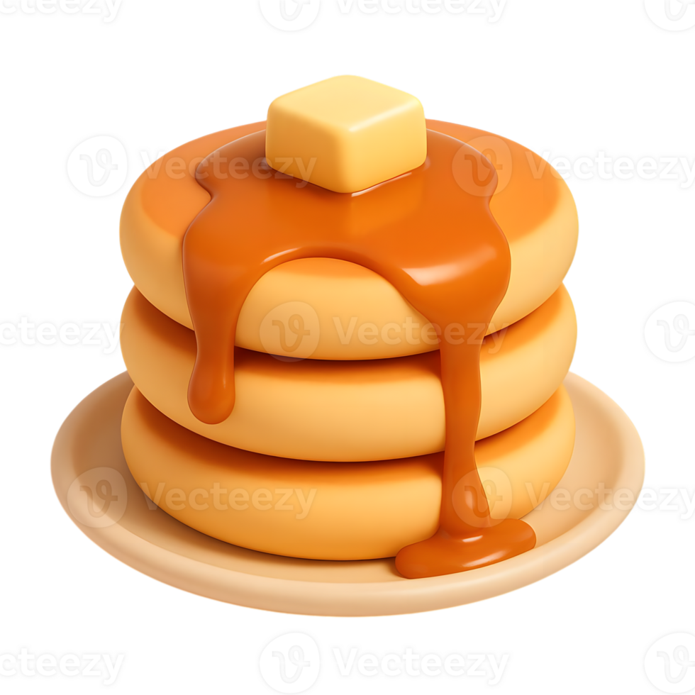 Stack of delicious pancakes with syrup and butter on a plate png