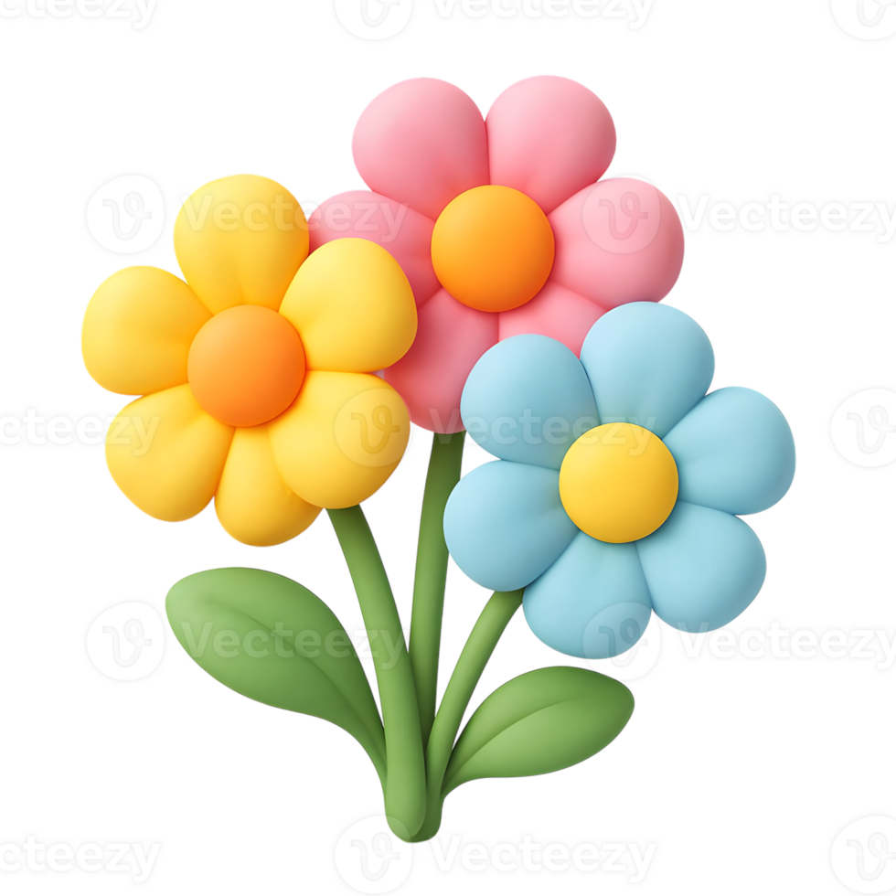 Playful 3d illustration of a bouquet with yellow pink and blue blooming flowers png