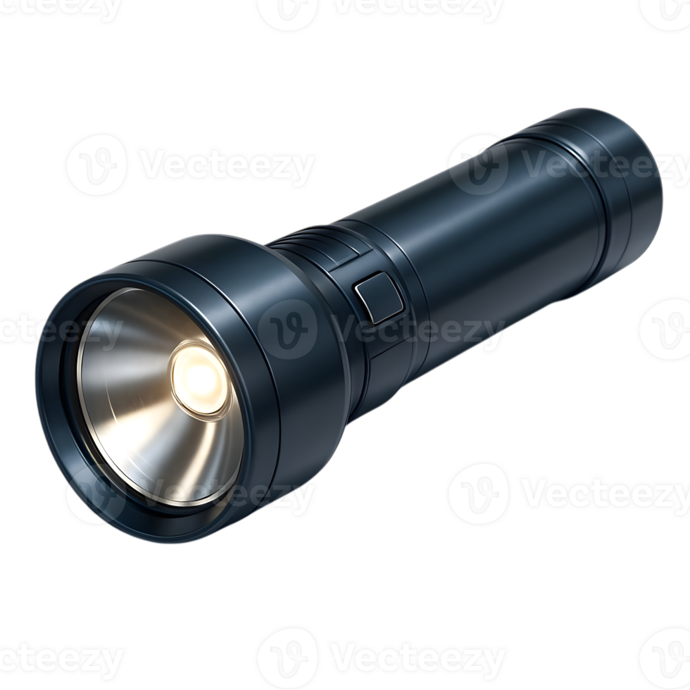 Modern dark blue flashlight illuminated with bright light png