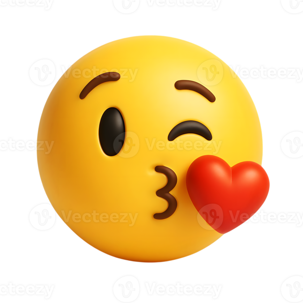 Three-dimensional rendering of a yellow emoji kissing and blowing a red heart png