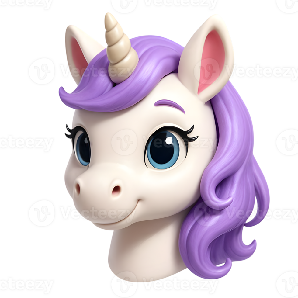 Cute smiling unicorn head with purple mane and blue eyes in a whimsical cartoon style png