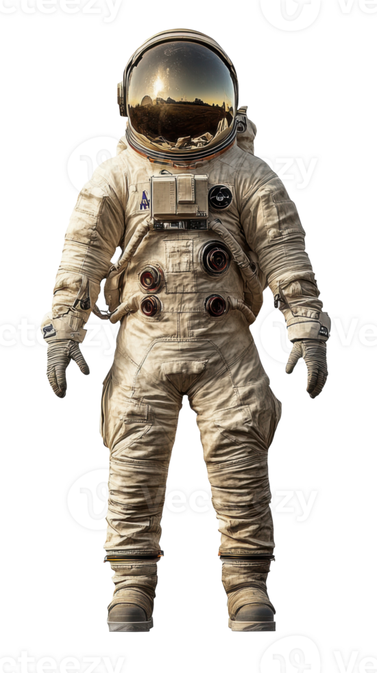 Astronaut in space suit standing with reflective helmet during exploration png