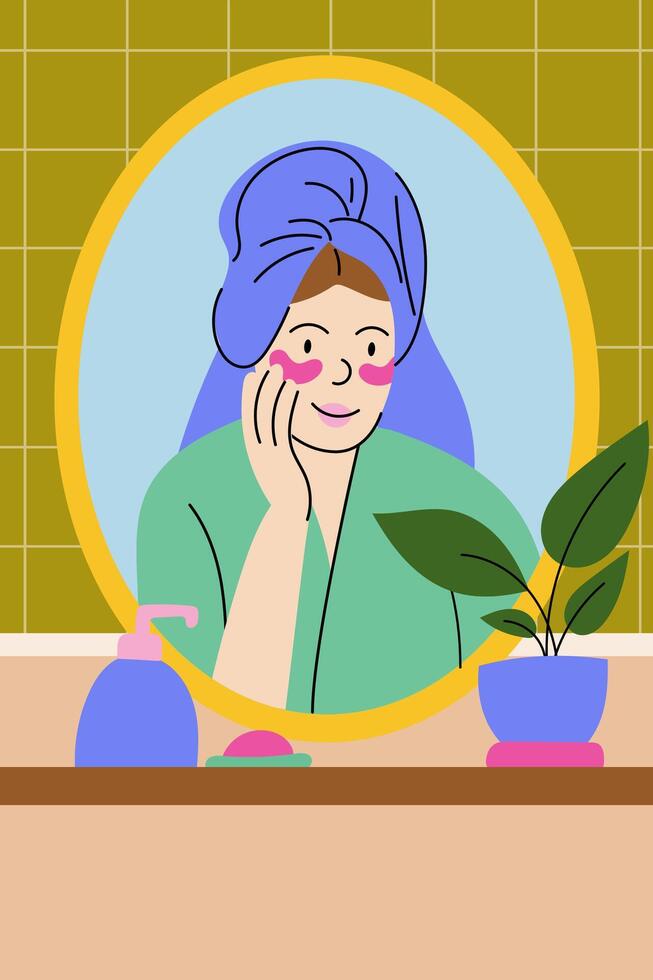 Woman standing in a bathroom, looking at herself in the mirror while applying under-eye patches. Self-care moment, skincare routine, and natural beauty. vector