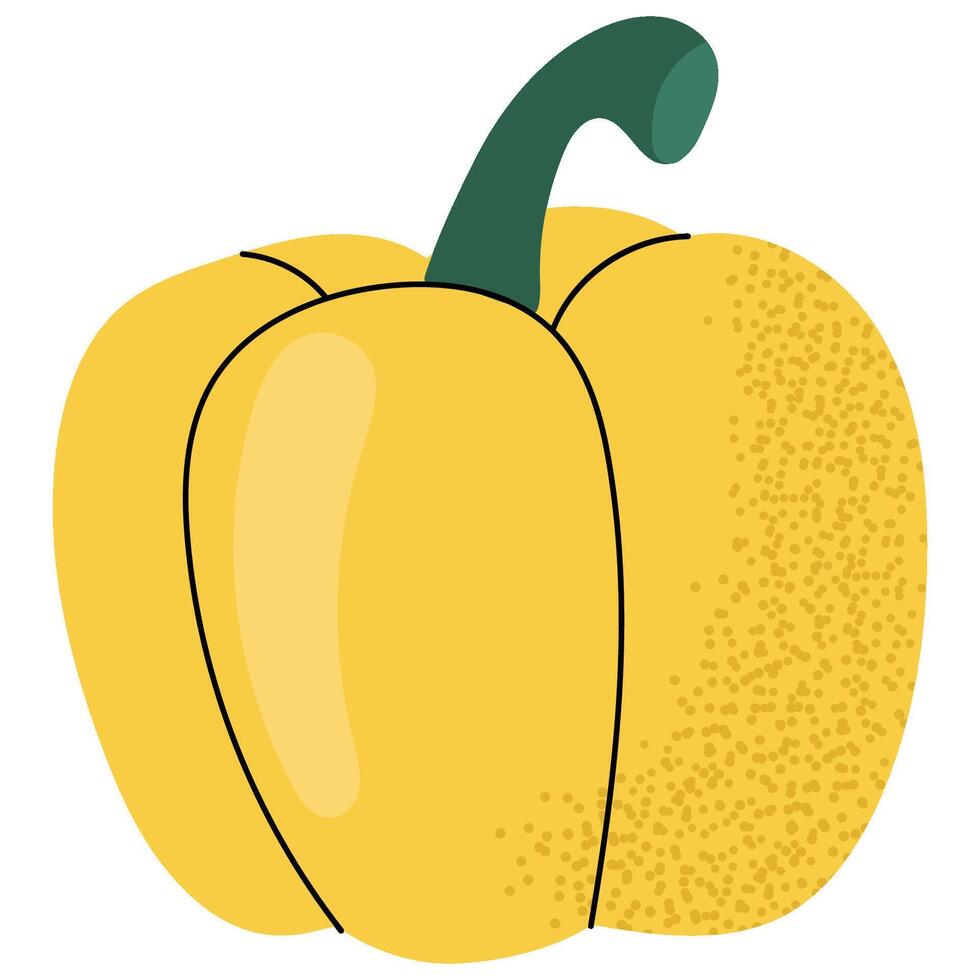 Flat illustration of a bright yellow bell pepper with a green stem. Great for healthy eating themes, kitchen designs and food projects. vector