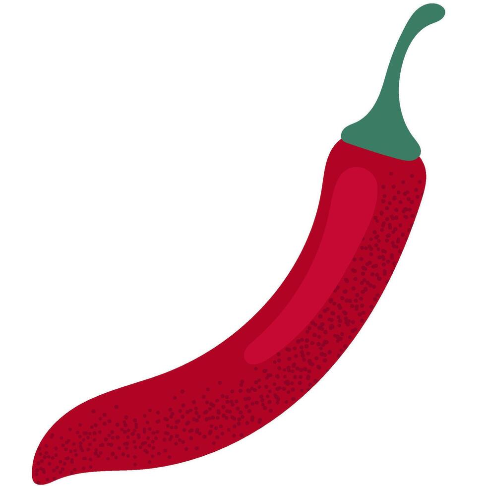 Flat illustration of a bright red chili pepper with a green stem. Perfect for spicy food visuals, ingredient designs and kitchen graphics. vector