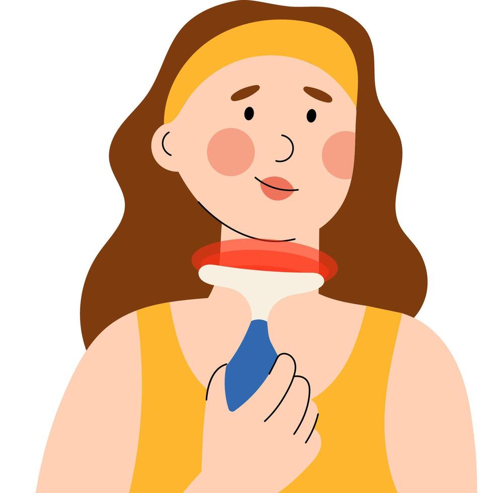 Young woman using a LED facial tool on her neck. The device emits red light, promoting skincare, anti-aging and rejuvenation. Flat style illustration of modern beauty treatment, self-care routine. vector