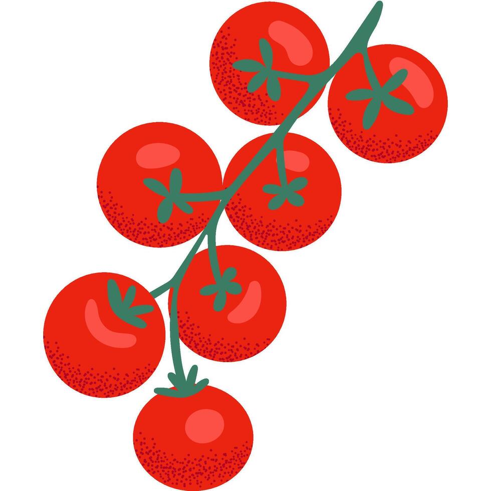 Flat illustration of a cherry tomato branch with ripe red tomatoes and green stems. Fresh and healthy food concept, perfect for designs related to gardening, farming, organic produce, summer harvest. vector