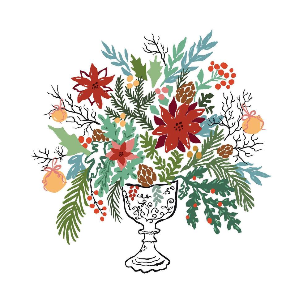 Whimsical Christmas bouquet in vintage vase. Hand drawn winter flowers, poinsettia, festive berries, fir branches, pine cone, holly leaves. Winter holiday decorative element isolated on white. vector