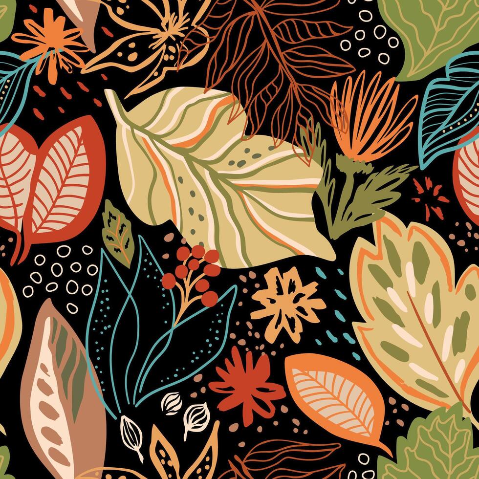 Autumn bright floral leaves seamless pattern. Cute hand drawn fall foliage, bold flowers on black repeat background, wallpaper. Tropical nature. Botanical textile design, print, wrapping paper. vector