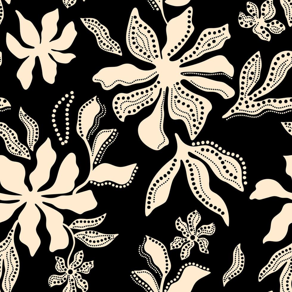 Black summer abstract tropical floral seamless pattern. Beige hand drawn flowers, leaves with dots decorative elements. Tropical design, hawaii nature repeat background, wallpaper, print. vector