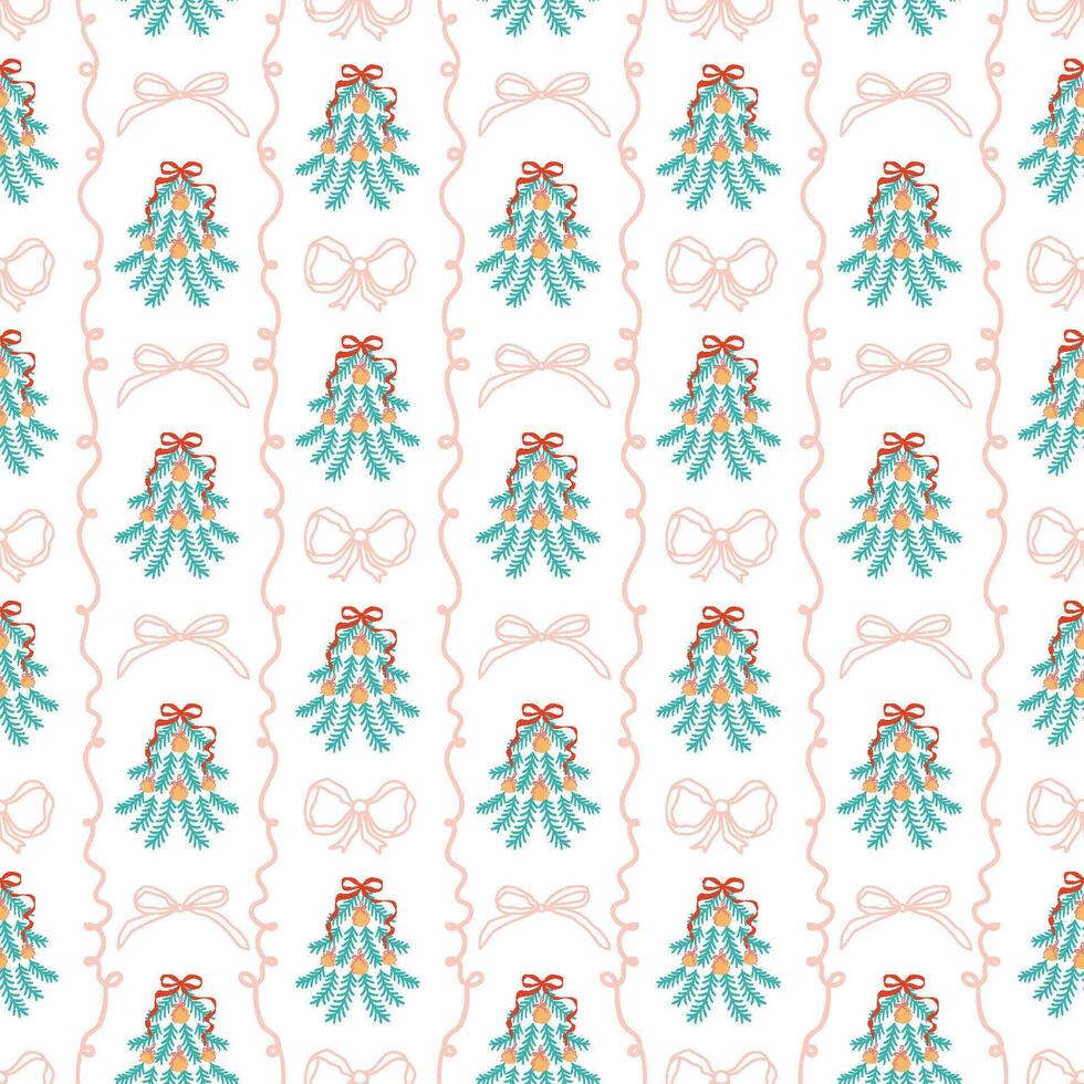 Whimsical Christmas tree striped seamless pattern with pink bows and ribbons, vertical lines. New Year holiday grandmillennial wallpaper, retro bow knots, coquette hand drawn repeat background. vector