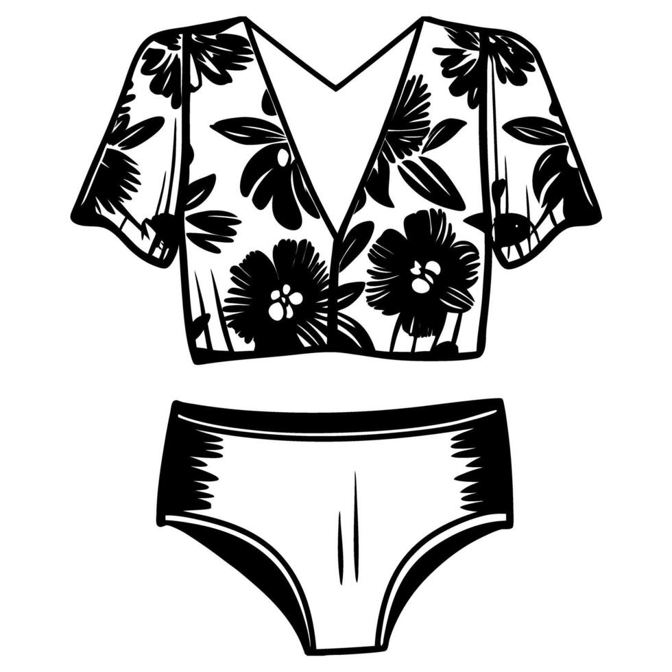 Hand drawn floral bikini vintage engraved illustration of swimsuit with flower pattern, short sleeves, and deep neckline vector