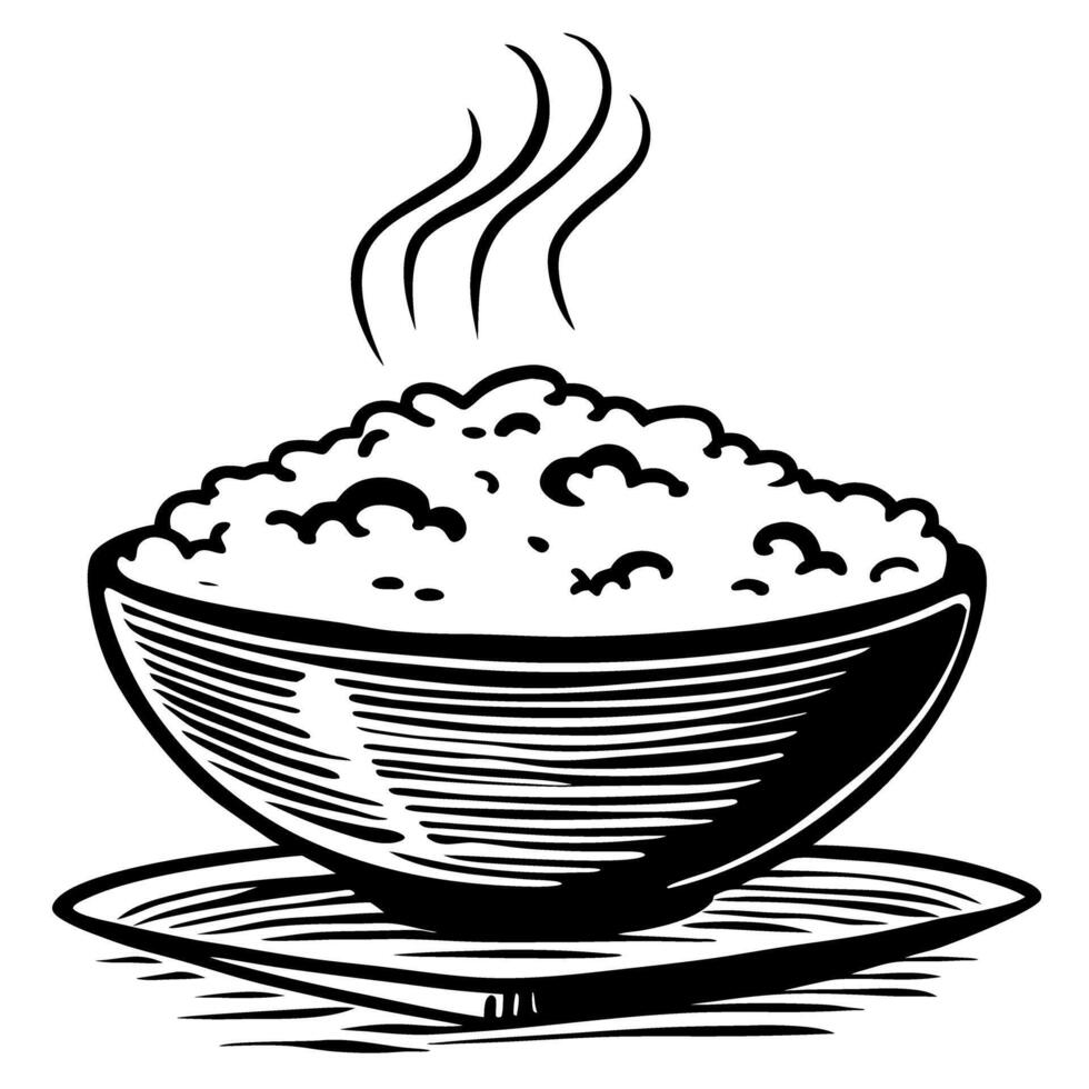 Hand drawn illustration of steaming bowl of rice in vintage engraved on white background vector