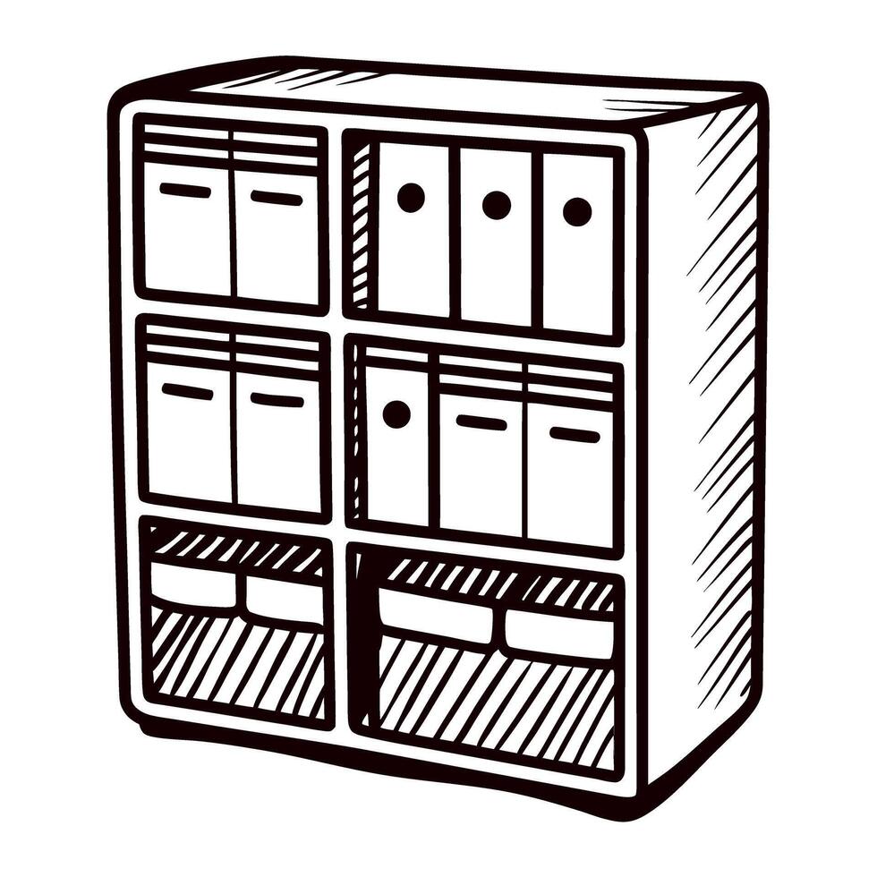 Hand drawn office file organizer cabinet sketch with folders and storage boxes in black and white isolated vector