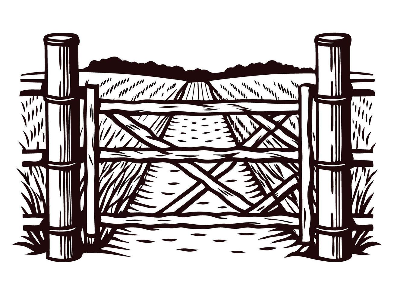 Rustic wooden farm gate in countryside field with distant horizon, vintage engraved illustration vector