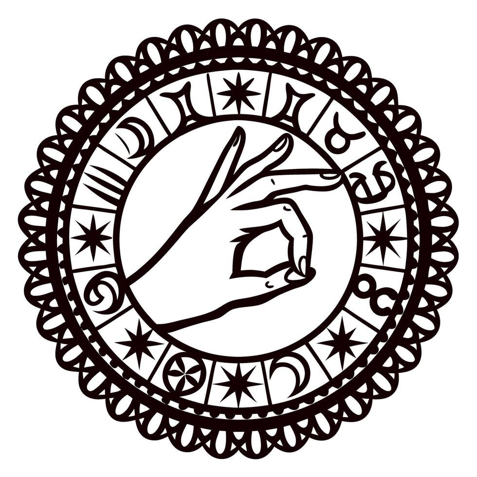 Hand gesture with thumb and index finger in ornate circular zodiac mandala with astrological symbols vector